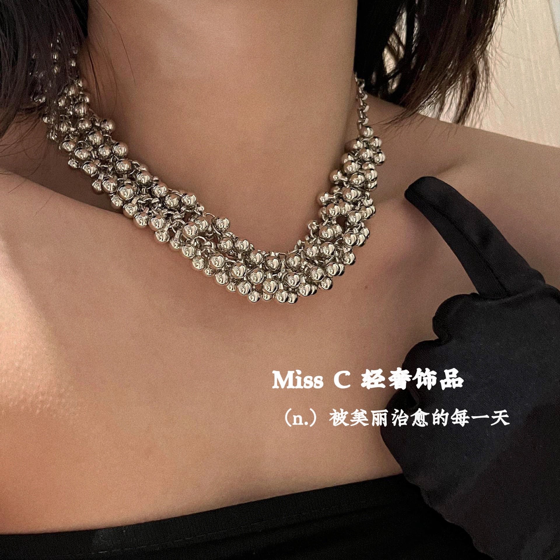 WXLSTUDIO新品吾小历月牙双链条金属球项链女欧美百搭个性锁骨链
