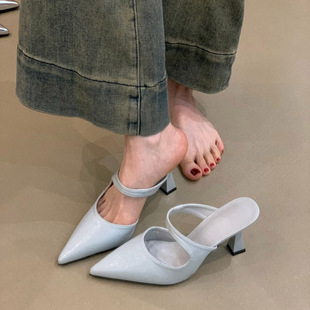 包头半拖鞋女夏外穿尖头细跟小跟高跟鞋浅口一字斜带试衣间凉拖鞋