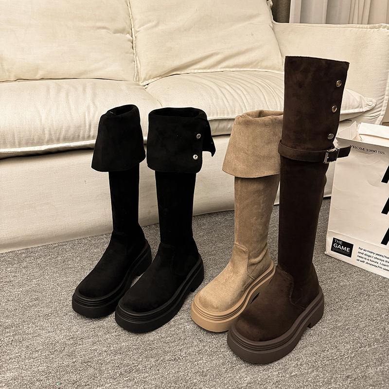 秋冬长靴长筒过膝靴翻折两穿厚底瘦瘦靴时装靴百搭高筒靴骑士靴潮