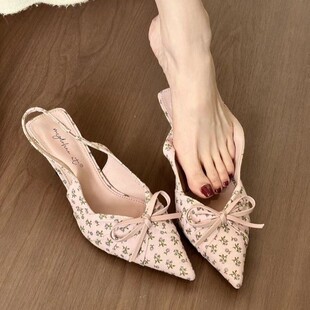 碎花蝴蝶结高跟鞋女夏细跟小跟尖头公主风配裙子包头一字带凉鞋潮