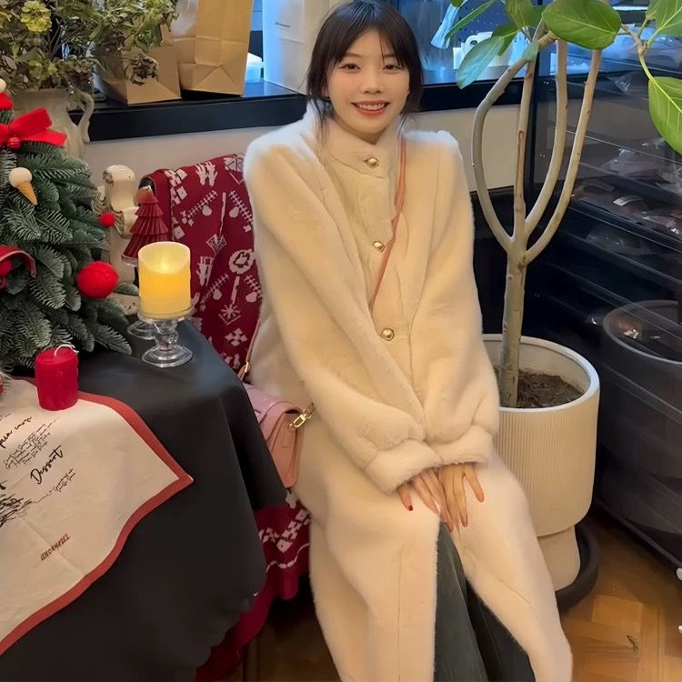 冬季仿水貂绒皮毛一体中长款大衣