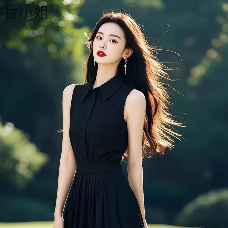 法式气质黑色Polo领无袖连衣裙女夏季2025新款高级感收腰A字长裙