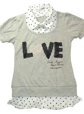 乐天BABY*外贸日单 9-10岁女童夏季灰色棉涤混纺短袖T恤上衣