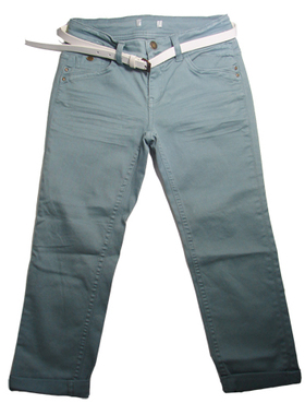 promode S-L码女士蓝灰色全棉斜纹弹力休闲翻边七分女裤   版型正