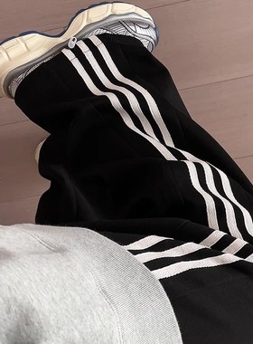 三条杠黑色裤子小个子条纹运动裤女春秋冬款直筒宽松休闲裤子百搭