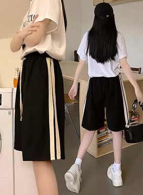 黑色侧边条纹运动短裤女小众设计感显瘦宽松直筒中裤ins潮五分裤