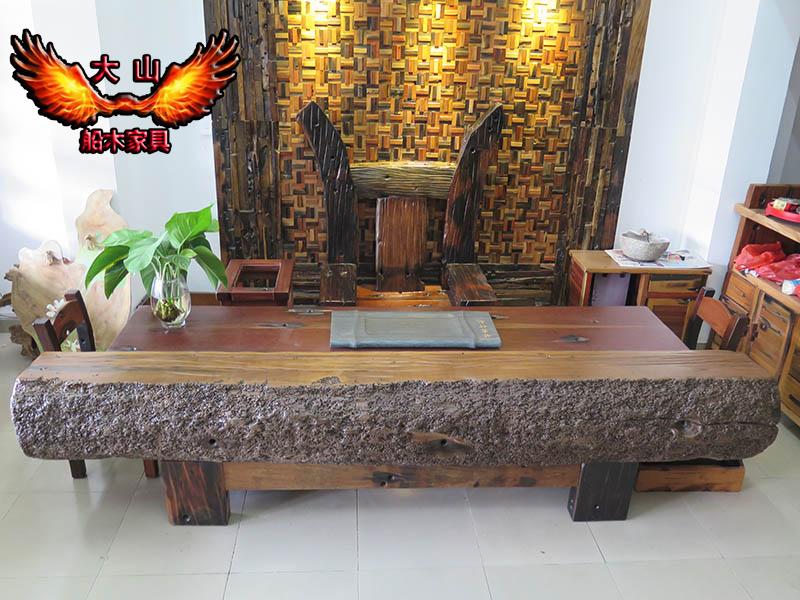 老船木家具龙骨茶台茶几沉船木无漆风化螺眼茶台古船木功夫茶桌椅