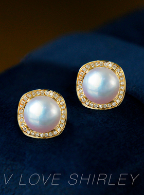 『薇爱秀丽套装系列』日本海水akoya珍珠耳钉18k黄金钻石耳饰