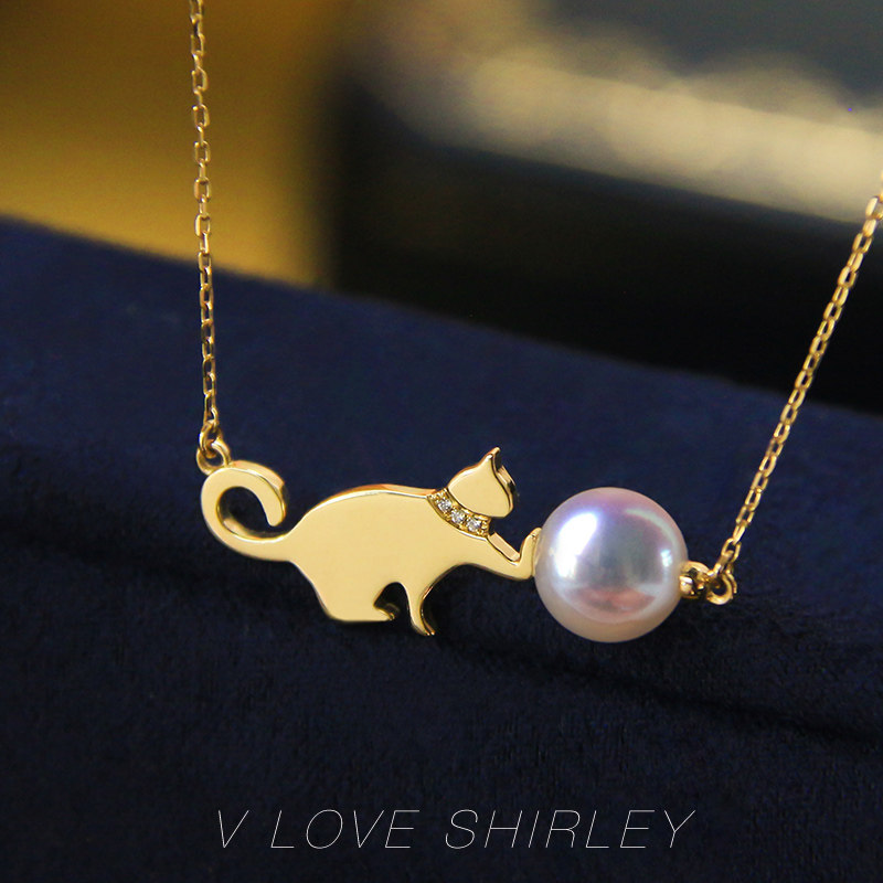 『小猫咪』进口正圆akoya海水珍珠吊坠18k黄金钻石设计感项链颈饰