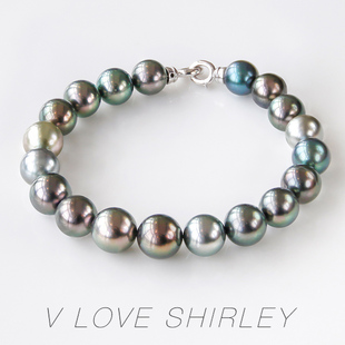 薇爱秀丽进口大溪地黑珍珠手链18k白金正圆海水珠 炫彩大溪地