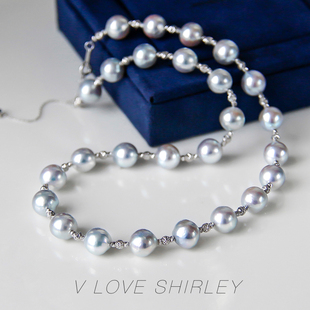 真多麻巴洛克项链天然原色akoya银灰蓝不规则满天星海水珍珠串链