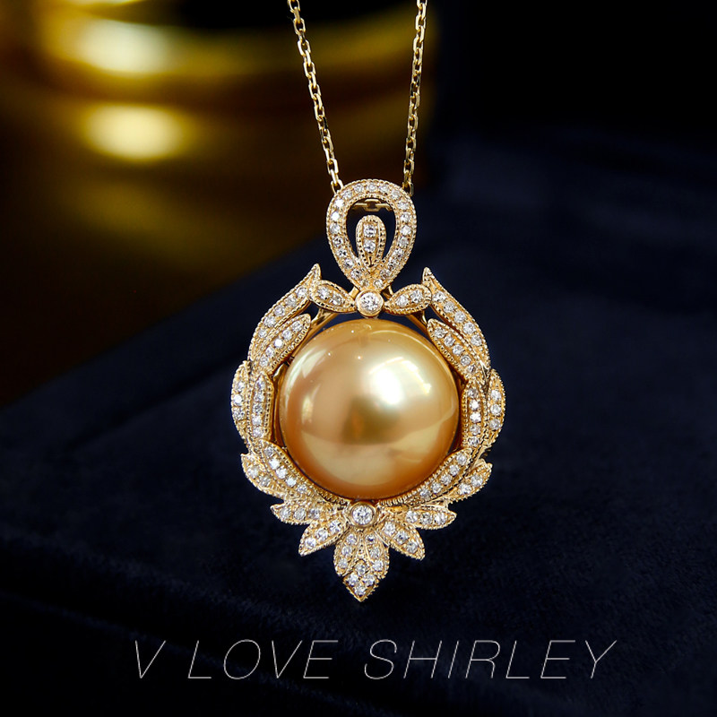 天然色南洋金珠吊坠18K金钻石轻奢风无瑕极强光豪华海水珍珠项链