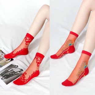新年红丝袜女薄款纯棉底水晶丝生肖本命年结婚马年春节大红袜子