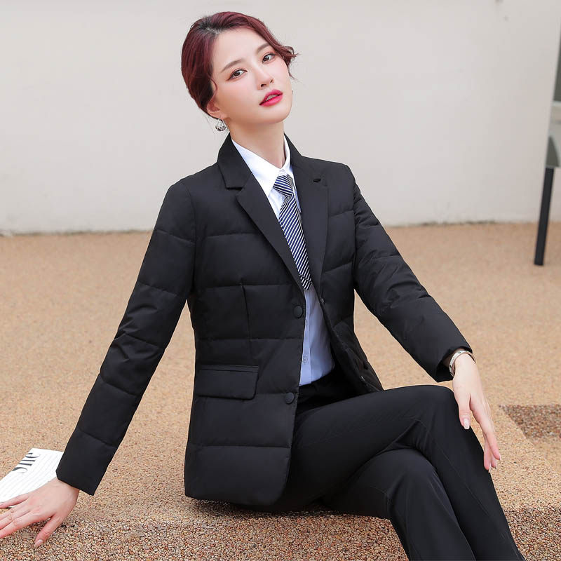 天缘奇遇商务风黑色短款白鸭绒西装领羽绒服女修身职场工装外套