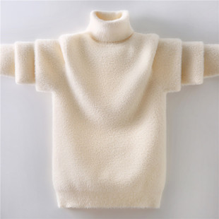 男童毛衣高领白色加绒加厚中大童秋冬款洋气女童打底衫保暖水貂绒
