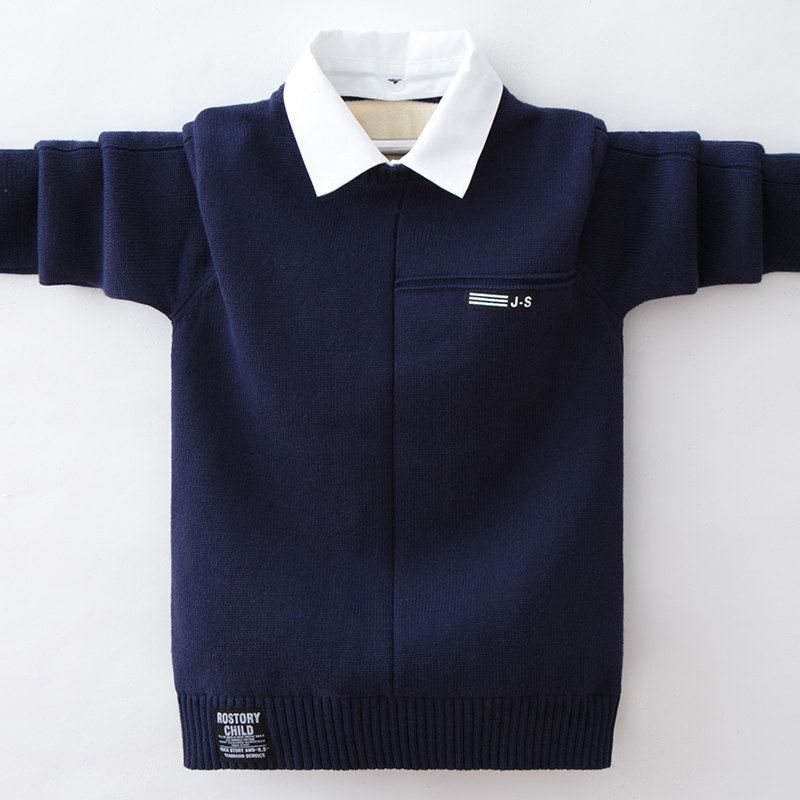 男童毛衣假两件衬衣领套头秋冬款10岁儿童加绒加厚纯棉打底衫潮