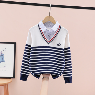 男童毛衣假两件复古条纹V领针织衫中大童学院风打底衫百搭新款