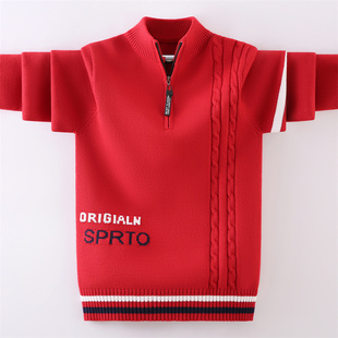 男童毛衣秋冬新款中大童红色半拉链立领加绒厚款学生针织衫打底衫