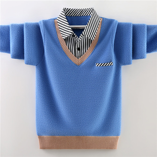 男童毛衣假两件薄款2026春秋新款儿童针织衫衬衣领毛线衣外套洋气