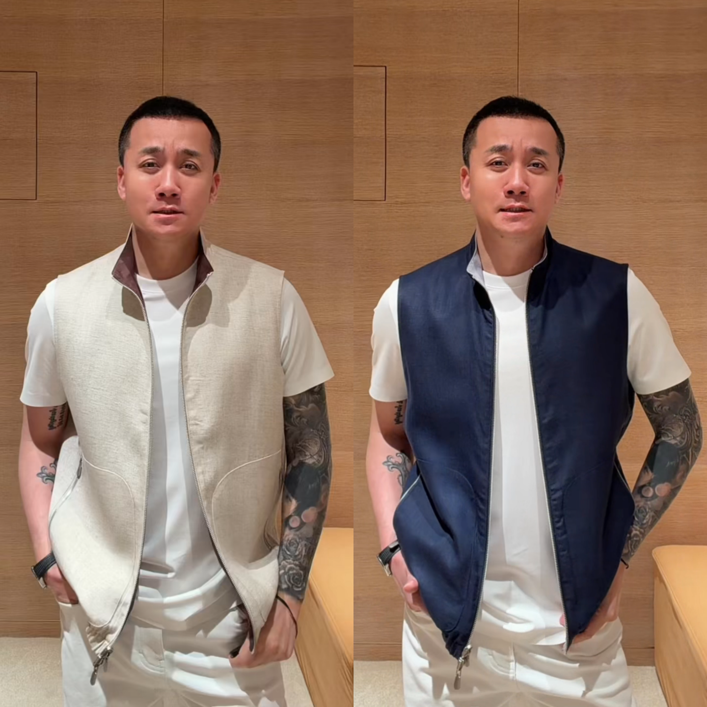 春季极简商务男士松弛慵懒风轻奢纯色百搭双面穿立领拉链马甲上衣