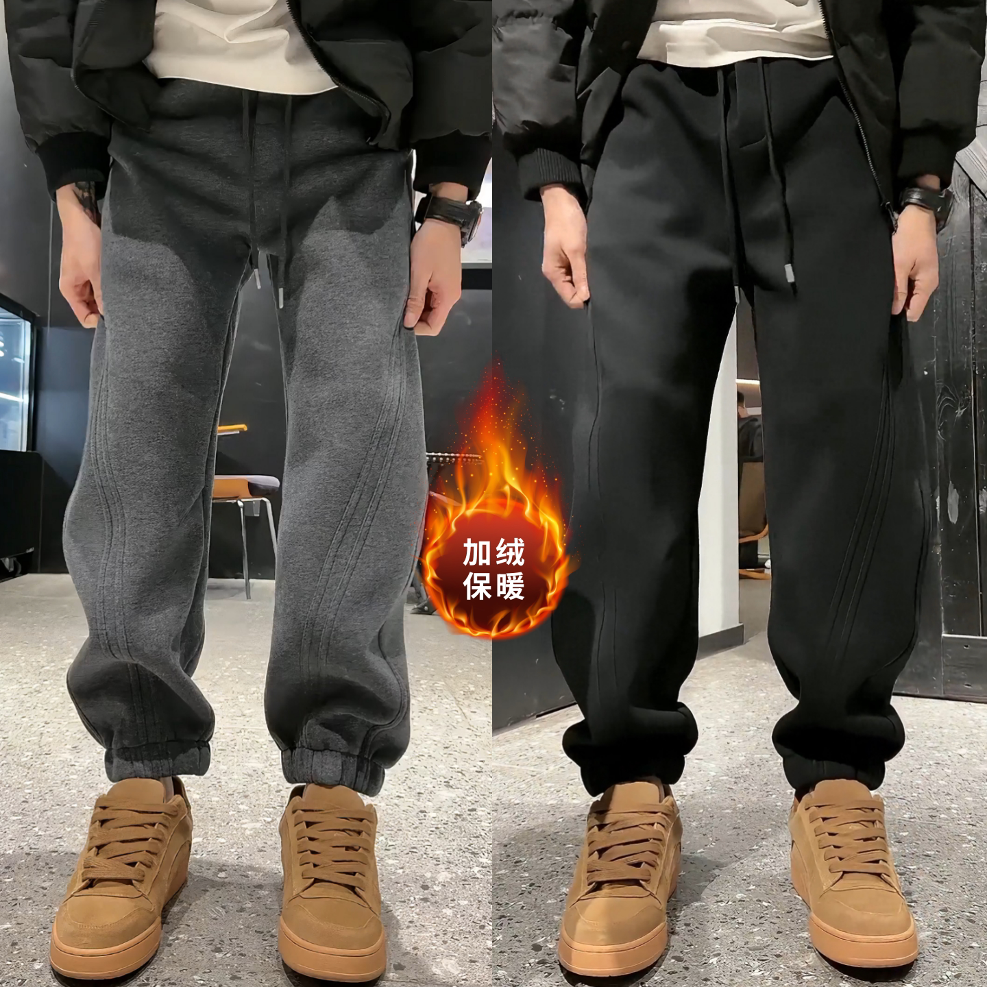 简约百搭男士休闲裤冬季新款立体剪裁加绒加厚多口袋设计感束脚裤