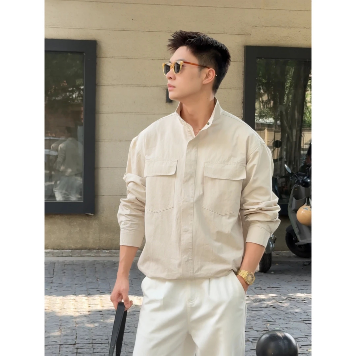 简约时尚韩版休闲夹克秋季新款男士老钱风立领挺阔通勤冲锋衣外套