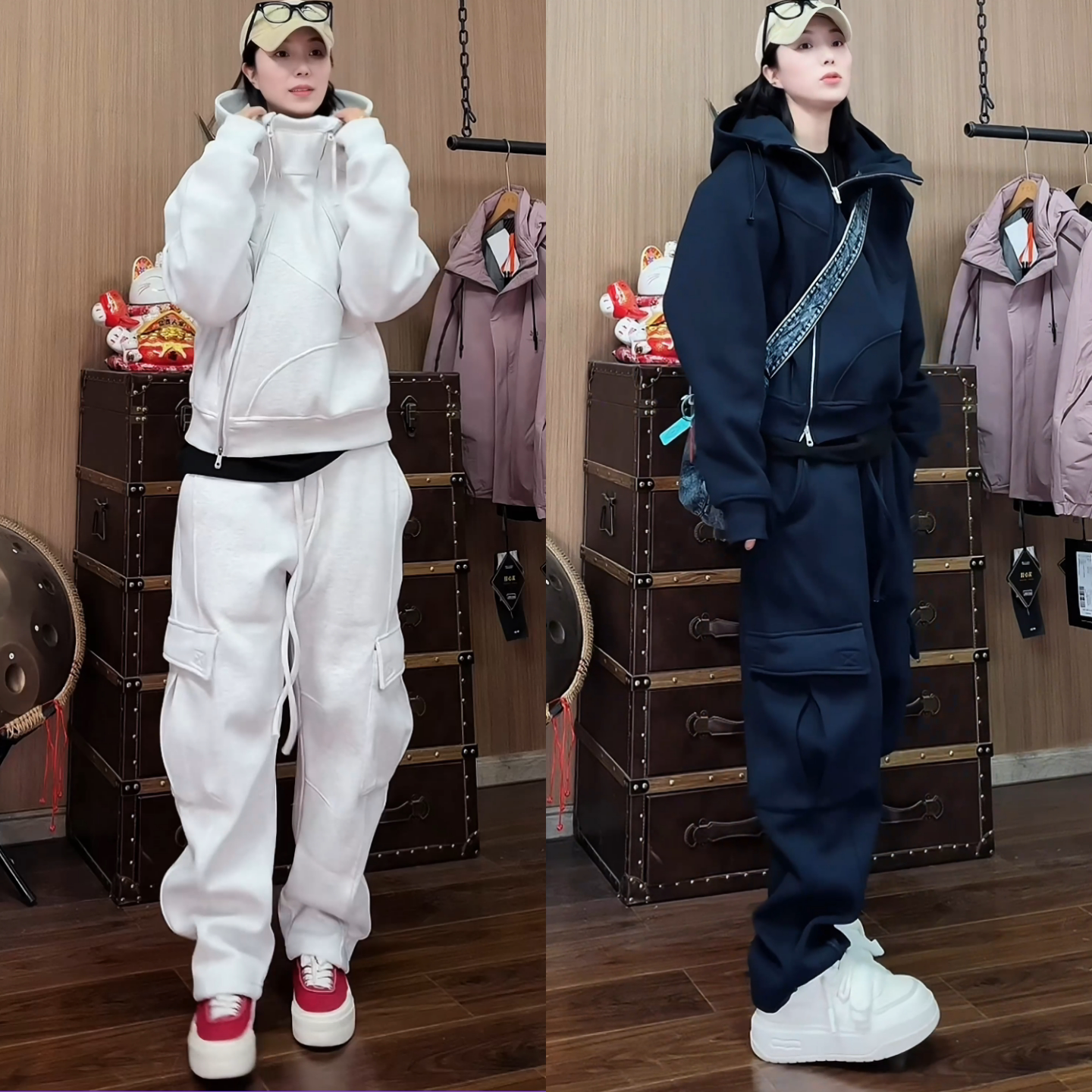 冬季新品加绒加厚款潮流斜拉链开衫连帽卫衣大口袋工装休闲裤套装