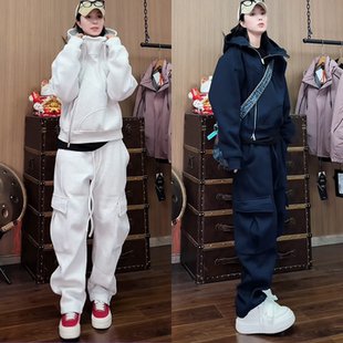 冬季新品加绒加厚款潮流斜拉链开衫连帽卫衣大口袋工装休闲裤套装