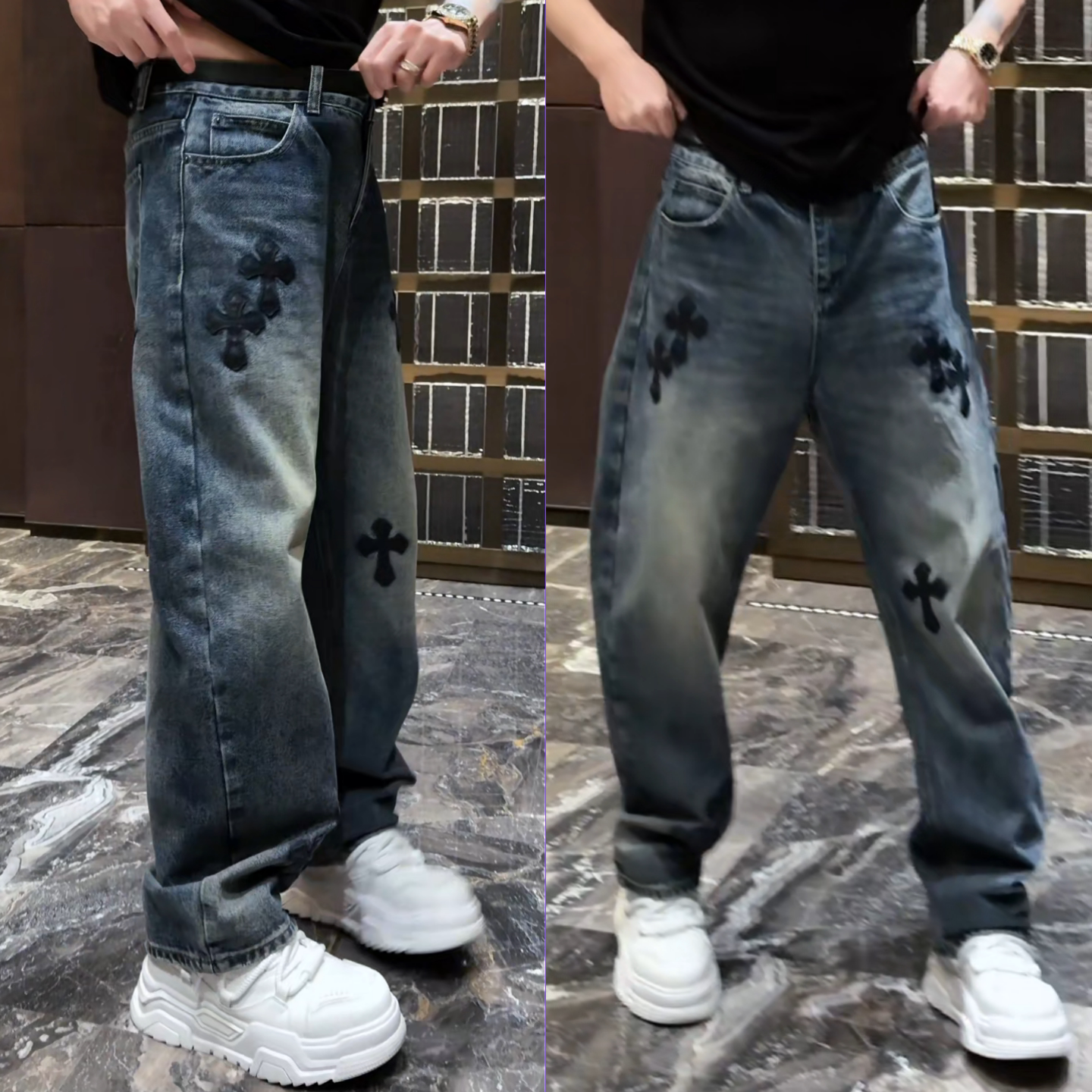 冬季轻奢百搭美式复古十字花潮牌男士牛仔裤休闲痞帅微弯刀直筒裤