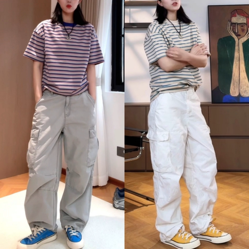 小直筒白色工装风多口袋休闲裤