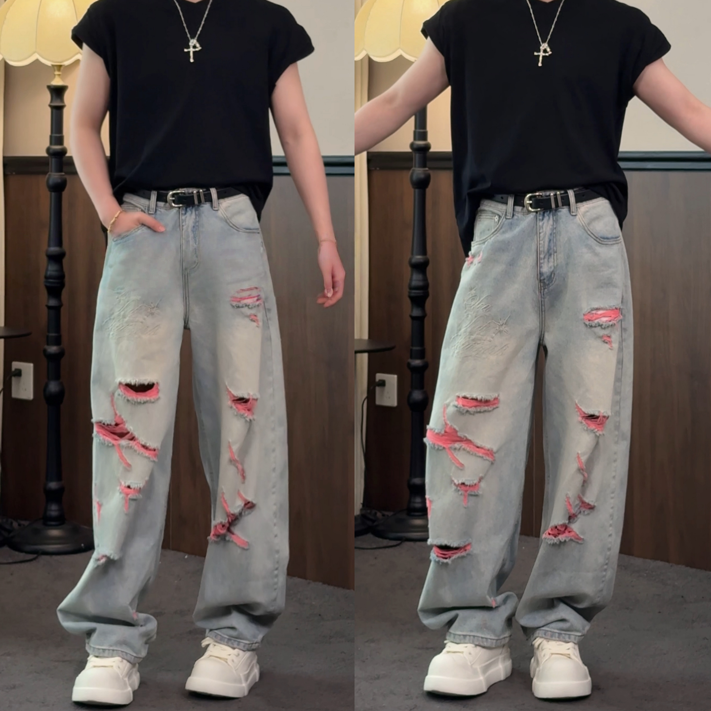 潮流个性行走的艺术家26春夏男款高街粉色破洞宽松牛仔弯刀阔腿裤