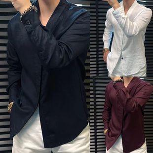 秋季新款时尚潮流男士衬衫长袖轻奢衬衣英伦雅痞休闲V领衬衫外套