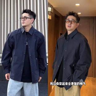 潮流痞帅高级感翻领衬衫秋季上新时尚假两件设计条纹休闲衬衫外套