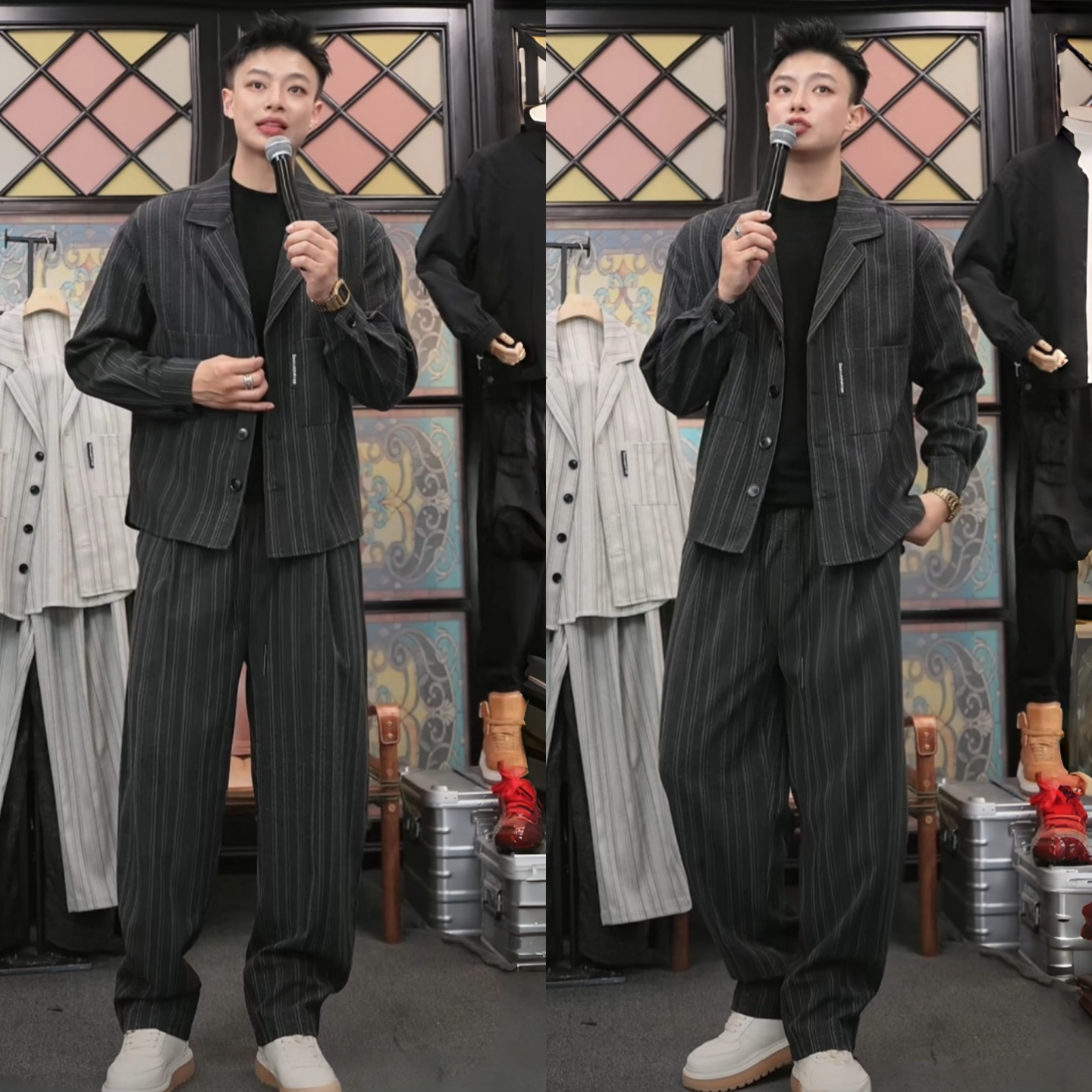 春季商务轻奢薄款透气舒适翻领版条纹西装上衣休闲裤港风时尚套装