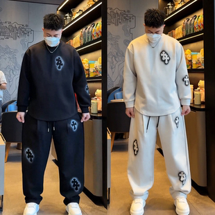 秋季新款男士慵懒风简约潮流时尚十字标设计感卫衣休闲卫裤两件套