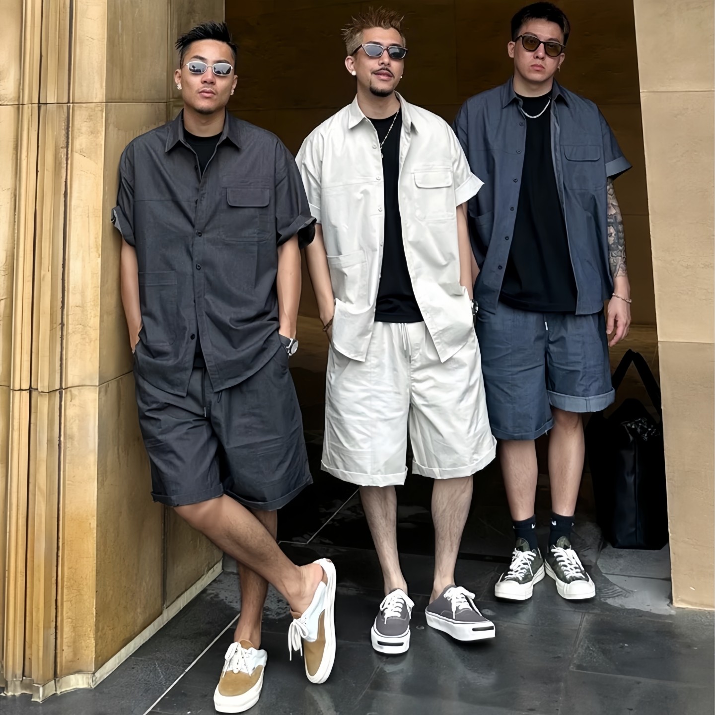 夏季薄款潮流时尚套装男日系复古翻领水洗短袖衬衫舒适百搭短裤