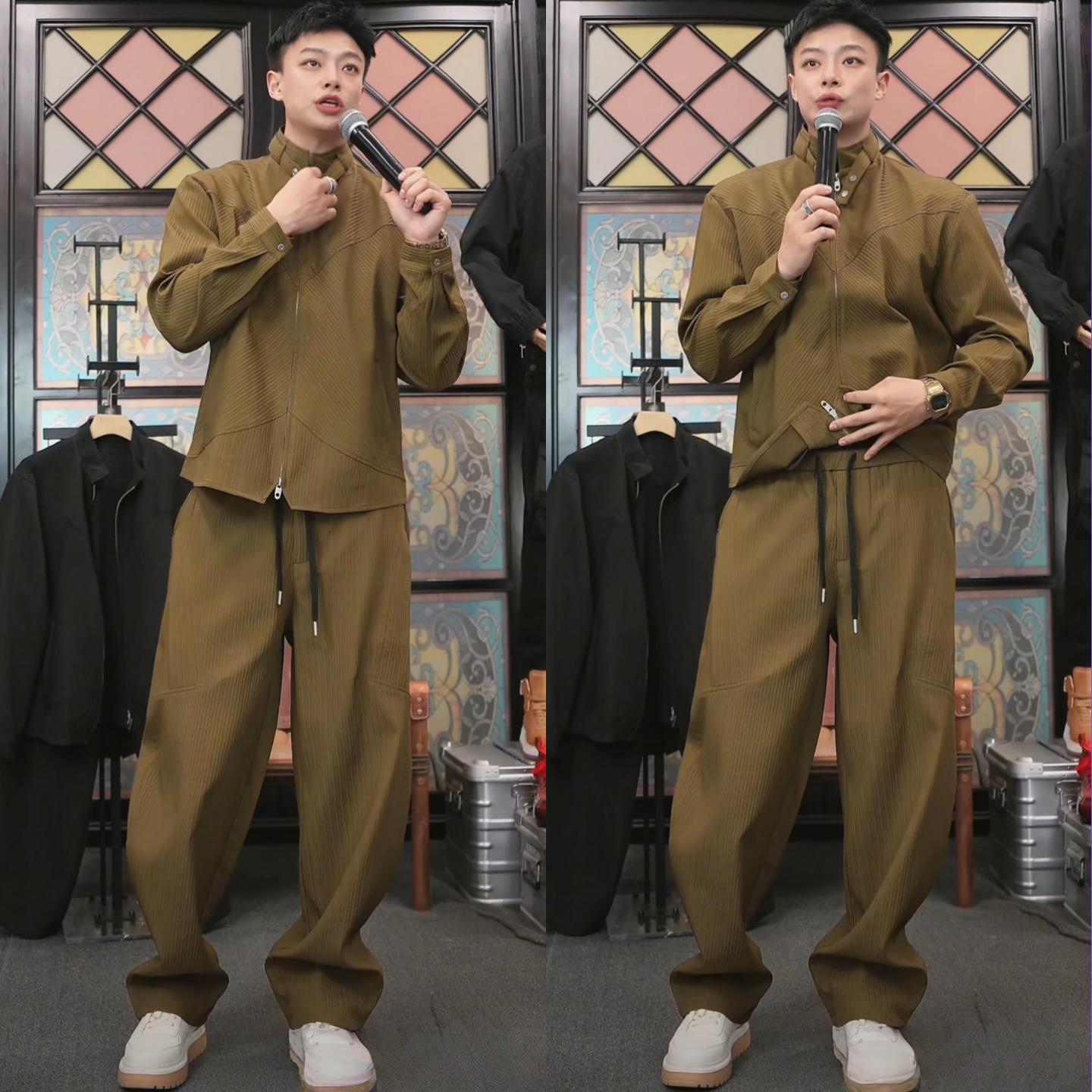 春季男士简约痞帅港风美式潮牌纽扣领口立领夹克外套休闲裤套装潮