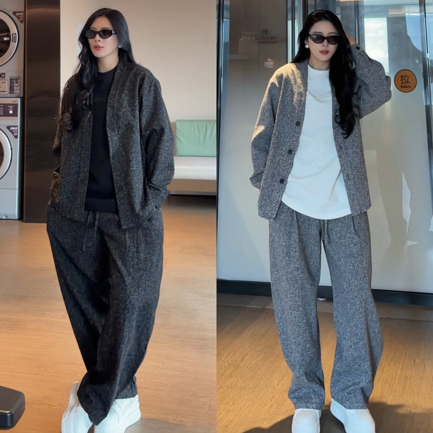 春季新款松弛慵懒风男士休闲套装纯色V领开衫外套直筒卫裤两件套