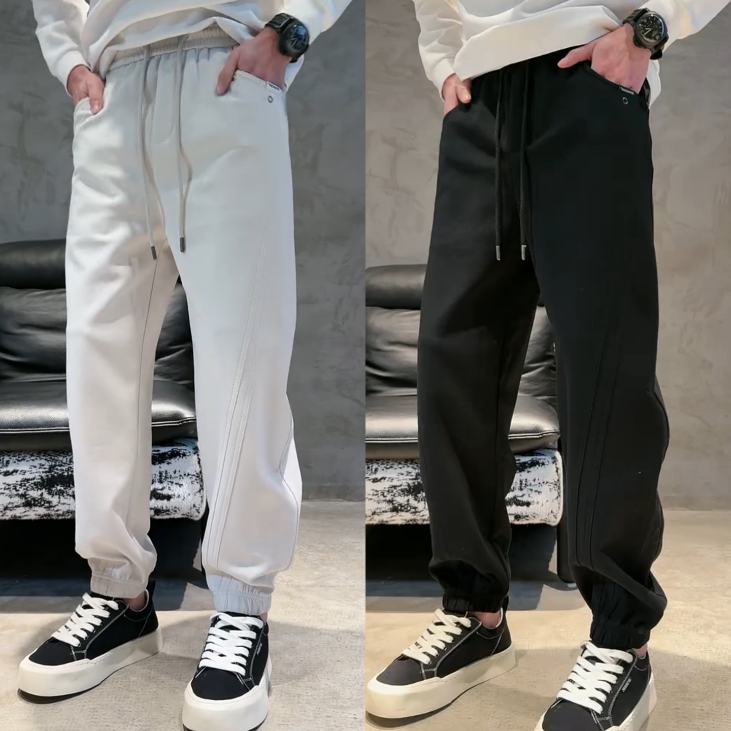 春季爆款时尚个性小众拼接设计男士运动休闲裤潮流百搭休闲束脚裤
