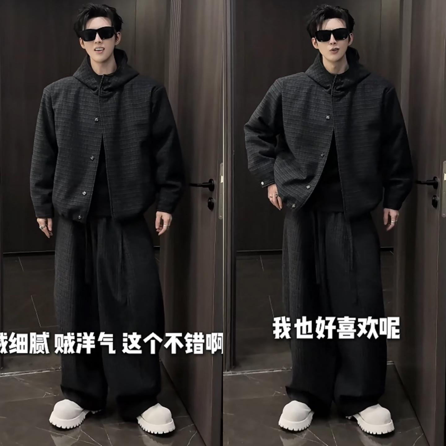 冬季新款简约复古格子设计感时尚套装男士加棉夹克外套长裤两件套