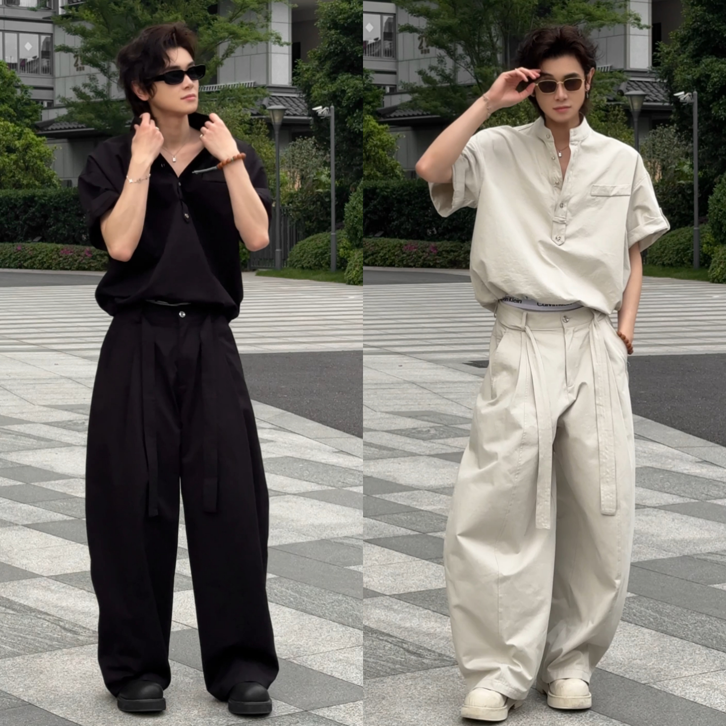 高级感时尚夏季新款潮流小众设计感百搭短袖上衣宽松阔腿裤套装男