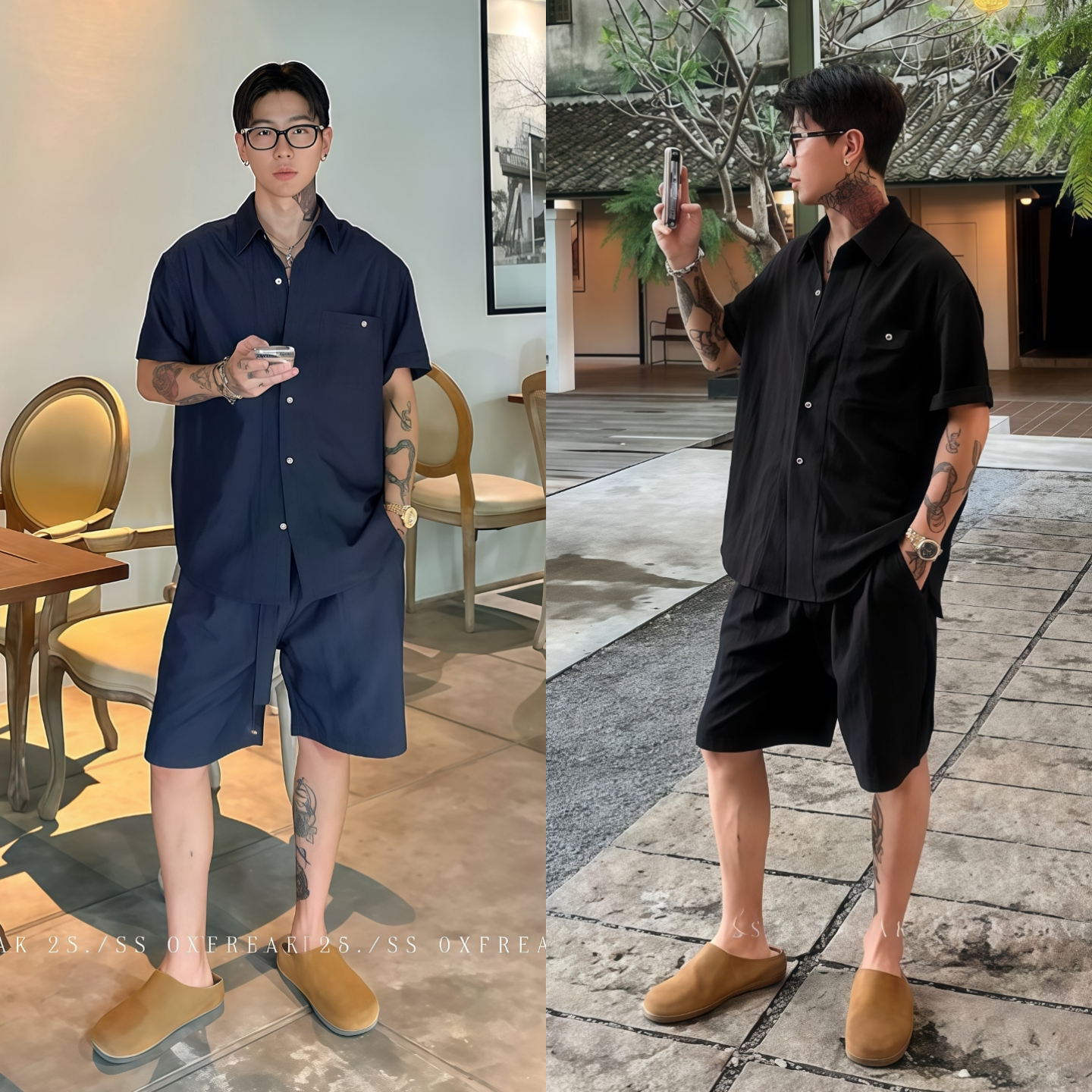 夏季男士休闲套装时尚百搭纯色简约短袖衬衫+短裤两件套男装一套