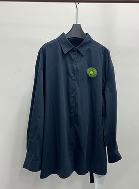 美式风刺绣衬衫男女百搭长袖防晒衬衣藏蓝色翻领上衣2C-3AC017659