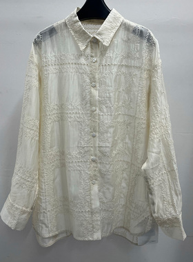 重工刺绣翻领长袖衬衫女宽松百搭白色上衣廓形衬衫2C-3AC017603