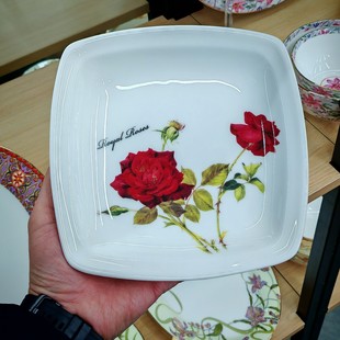 韩国玫瑰花盘子炒菜盘子浅盘平盘骨瓷餐具方形盘子大中小号创意