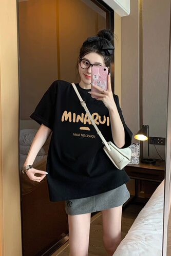 美式字母印花T恤女宽松大码胖mm夏季圆领中长款落肩短袖100%纯棉