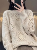 戎美衣尚重磅加厚羊绒羊毛衫 品质货 女圆领勾花镂空宽松慵懒风