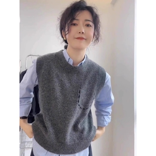 【反季】戎美衣尚羊绒羊毛马甲女小个子毛衣背心灰色质感针织