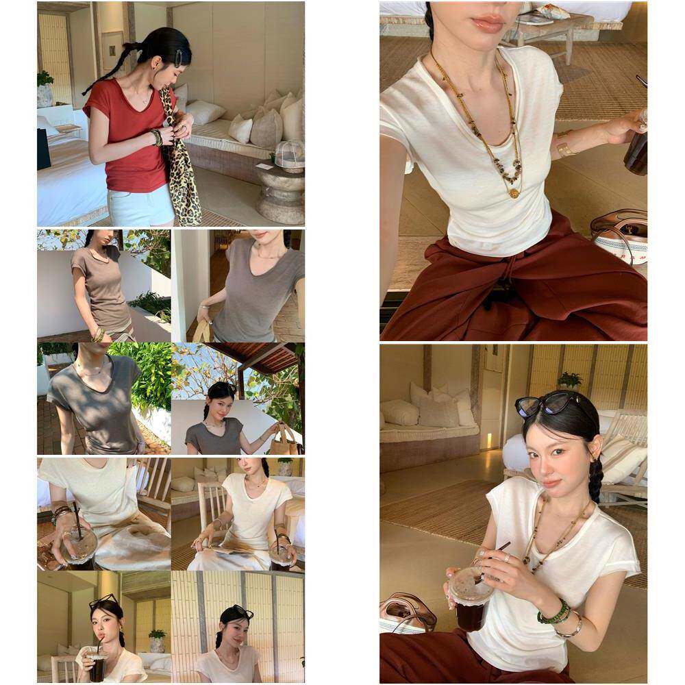 HAMYIHO 白色棉麻1/4吋套筒扳手袖上衣天丝亚麻V领短袖T恤女夏季