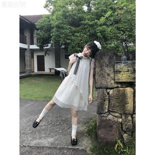 嘿山姥姥 碎花蝴蝶结不规则小飞袖连衣裙子女夏A字显瘦短袖中长裙